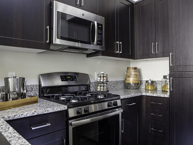 Each home is stocked with a GE Energy Star appliance package in sleek black and silver. - Skye Apartments