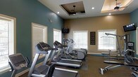 This fitness center is designed to provide a comprehensive workout experience within a thoughtfully appointed space. The room features a combination of teal and warm taupe accent walls that create an energizing yet welcoming atmosphere. A coffered ceiling detail with a ceiling fan and recessed lighting adds architectural interest while ensuring proper air circulation and illumination throughout the space.

Natural light flows in generously through multiple white-trimmed windows fitted with blinds, allowing occupants to control light levels during workouts. The cardio equipment lineup includes multiple treadmills and elliptical machines, all positioned to take advantage of the natural light and views. A wall-mounted flat-screen television is centrally placed, providing entertainment options during exercise sessions.

Additional workout equipment, including what appears to be a rowing or resistance machine, is visible along the side of the room, expanding the variety of available exercises. Decorative wall art adds a finishing touch to the space, balancing the functional equipment with aesthetic detail. The carpeted flooring with exercise mat sections underfoot offers both comfort and practicality. Overall, the fitness center is well-lit, neatly organized, and equipped to support a range of cardiovascular and strength training activities.