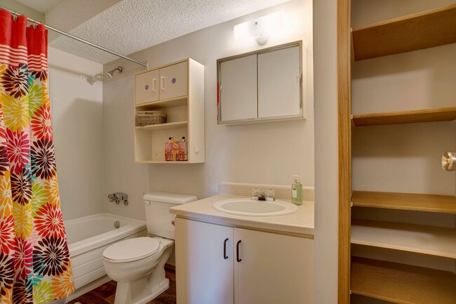 Une salle de bain avec douche, baignoire et un miroir au-dessus du lavabo - Spruce Meadow