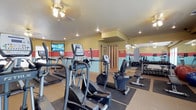 This fitness center is a thoughtfully designed, single-floor facility built to accommodate a comprehensive workout routine. The space features a welcoming layout with warm yellow and red accent walls, light-colored crown molding, and recessed lighting complemented by a ceiling fan that helps maintain a comfortable environment during exercise. The flooring consists of durable, cushioned gym matting suited for high-traffic use. On the cardio side, the room is outfitted with multiple elliptical trainers and stationary bikes from the TRUE Fitness brand, offering residents a range of low-impact aerobic options. A wall-mounted flat-screen television is positioned for easy viewing during cardio sessions. Toward the rear of the space, a dedicated strength training area houses a rack of dumbbells in graduated weights alongside a workout bench, providing essential free-weight options. Full-length mirrors line one wall, enhancing the sense of space and allowing users to monitor their form during exercise. The overall ambiance is clean, functional, and well-maintained, making it a practical and inviting destination for daily fitness activity.