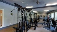 This single-floor fitness space is designed to support a comprehensive workout experience. The room is outfitted with a robust selection of strength training equipment, including a multi-functional cable machine system with adjustable pulleys, a cable crossover station, and a seated press machine — all finished in sleek black. The equipment is arranged to allow users to move freely between stations without obstruction.

Large floor-to-ceiling mirrors line one wall, visually expanding the room and allowing users to monitor their form during exercises. The mirrored wall also reflects the full breadth of the equipment available, reinforcing the room's well-stocked nature. Recessed ceiling lighting combined with overhead fluorescent fixtures ensures the space is brightly and evenly lit throughout.

A ceiling fan provides air circulation, contributing to a comfortable environment during intense workouts. The flooring consists of durable, cushioned carpet suitable for a gym setting. The walls are painted in a neutral gray tone, giving the space a clean, modern aesthetic. Cardio equipment is also visible in the background, offering a well-rounded fitness facility.