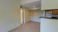 This single-floor space presents a straightforward, functional layout centered around an open living area finished with wall-to-wall neutral-toned carpeting. The room is kept bright by recessed ceiling lighting and features warm beige walls throughout, contributing to a consistent and understated aesthetic. A partial wall with a countertop overhang separates the living area from what appears to be a kitchen space to the right, providing a natural division while maintaining an open feel. The kitchen counter features a dark stone or laminate surface, offering a subtle contrast to the lighter surroundings. Ventilation is provided via ceiling-mounted HVAC vents, ensuring climate control throughout the unit. A doorway visible toward the back of the space leads to an additional room or hallway, suggesting further utility areas beyond the main living space. The overall design is clean and minimal, with neutral finishes that offer a blank canvas for personalization. The space is practical and efficiently organized, suited for straightforward everyday living.