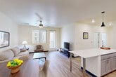 Located at 4910 W Glenn Dr in Glendale, Arizona, this single-floor, two-bedroom, one-bathroom residence offers a well-organized and functional layout. The open-concept living and kitchen area forms the heart of the home, filled with natural light from large windows with vertical blinds and a glass patio door. Light wood-style flooring runs throughout the main living space, complemented by a ceiling fan overhead. The living area provides a comfortable, airy atmosphere with direct access to a private patio.

The kitchen is a standout feature, offering an abundance of gray shaker-style cabinetry that extends to the ceiling, providing generous storage. A long white quartz peninsula serves as both a prep space and casual dining surface, while recessed and pendant lighting illuminate the room. White appliances, including a refrigerator, range, microwave, and dishwasher, complete the kitchen.

The two bedrooms are carpeted and include ceiling fans, natural light from windows, and closet storage. The primary bedroom offers a notably comfortable footprint with ample room for furnishings. The shared full bathroom features a tub-shower combination, light wood-style flooring, and a vanity with modern cabinetry. A hallway connects the rooms, with additional closet space distributed throughout the unit.