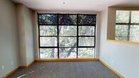 Located on the third floor at 1400 P St in midtown Sacramento, Unit 310 is a single-level residence that stands out for its impressive natural light and verdant outdoor views. The living areas are anchored by expansive floor-to-ceiling grid windows framed in dark metal, offering sweeping views of mature trees that create a serene, nature-filled ambiance throughout the unit. Plush carpeting and warm wood baseboards run consistently across the living and bedroom spaces, contributing to a cohesive and comfortable feel.

The kitchen is thoughtfully designed with light wood cabinetry accented by matte black hardware, dark laminate countertops, a double stainless steel sink, and a full suite of appliances including a refrigerator, electric range, and microwave. A raised peninsula separates the kitchen from the carpeted living area, while a skylight overhead brightens the cooking space with additional natural light.

An exterior door with a sidelight panel provides access to an outdoor area, further connecting the unit to its leafy surroundings. The bathroom features wood-look vinyl flooring, a light wood vanity with a large mirror, and a tub-shower combination. Overall, the unit offers a calm, functional layout well-suited to everyday living in the heart of Sacramento.