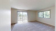 Located at 775 Inland Cir in Naperville, IL, this single-floor unit offers a practical and well-organized layout with a variety of functional living spaces. The main living area is notably bright and open, featuring plush wall-to-wall carpeting and two large windows dressed with vertical blinds, including a full sliding glass door that frames lush outdoor greenery and fills the room with abundant natural light. The seamless transition between carpet and wood-look flooring helps define the living and kitchen zones.

The kitchen is efficiently designed, outfitted with warm-toned wood cabinetry providing ample upper and lower storage. A double-basin sink, laminate countertops, and white Whirlpool appliances—including an electric range, built-in microwave, and dishwasher—complete the space. The kitchen connects openly to the main living area, contributing to an easy flow throughout.

The bedroom is a comfortable, carpeted space featuring dual closets—one a spacious walk-in with built-in rod storage and another standard closet with wood-paneled doors. The bathroom is neatly appointed with wood-look flooring, a white vanity with under-cabinet storage, a wall mirror, and neutral finishes that maintain a clean, understated aesthetic throughout the unit.