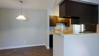 This single-story space showcases a seamlessly connected kitchen and living area designed for both functionality and style. The kitchen is outfitted with rich, dark espresso cabinetry that provides a striking contrast against the light-toned countertops, which extend into a peninsula-style breakfast bar — an ideal spot for casual dining or meal prep. A colorful mosaic tile backsplash in blues, whites, and earth tones adds a decorative focal point behind the cooking area, complementing the warm cabinetry tones. An overhead range hood is mounted above, offering both practical ventilation and a bold design statement. The kitchen flows naturally into the adjacent living area, which benefits from an open layout that encourages an airy, spacious feel. Neutral gray walls throughout provide a versatile backdrop suited to a variety of décor styles. Dark hardwood-style flooring runs continuously across both spaces, grounding the interior with warmth and visual cohesion. A textured ceiling adds subtle architectural interest overhead, while clean white baseboards and trim offer a crisp finishing touch throughout the space.