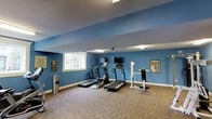 This fitness center offers a clean, functional environment designed to meet a variety of workout needs. The space is finished with bold blue walls and a neutral carpeted floor, creating an energetic yet focused atmosphere. Overhead fluorescent lighting ensures the room is well-lit throughout, supplemented by a window that introduces a measure of natural light and a view of surrounding greenery. The cardio area is equipped with multiple treadmills and an elliptical trainer, providing ample options for aerobic exercise. A wall-mounted flat-screen television faces the cardio machines, making workouts more engaging. On the strength training side, the space includes a weight rack with a bench, suitable for a range of resistance exercises, and an informational fitness chart is displayed on the wall for reference. A security camera is mounted near the ceiling, and a waste bin is conveniently positioned near the entrance. The overall layout is open and uncluttered, allowing for comfortable movement between equipment. This single-floor facility provides everything needed for a productive and well-rounded fitness routine in a tidy, purpose-built setting.