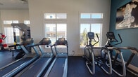 Located on Outlet Blvd in Fort Worth, TX, this single-level fitness center is designed to support a comprehensive workout experience. The space features high ceilings and an open, airy layout that contributes to a motivating atmosphere throughout.

The cardio zone is lined with large, multi-pane windows that flood the area with natural light while offering views of the surrounding outdoor pool area and landscape. This section houses multiple treadmills, elliptical machines, and upright and recumbent stationary bikes, all positioned to take advantage of the natural light and outdoor scenery.

The strength training area is equally well-appointed, featuring a variety of cable and weight machines, free weights, and a large wall-mounted mirror that enhances the sense of space. A standout feature of this zone is a Freedom Climber rotating climbing wall, providing a unique and engaging full-body training option. A large display screen is also present, offering entertainment or guided workout options.

Additional equipment includes a stair climber positioned near the exit corridor, which connects to an adjacent room with glass-panel doors. The flooring throughout is durable rubber gym matting, suitable for high-impact activity. The clean, white walls and recessed lighting further contribute to a bright, professional environment built for fitness.