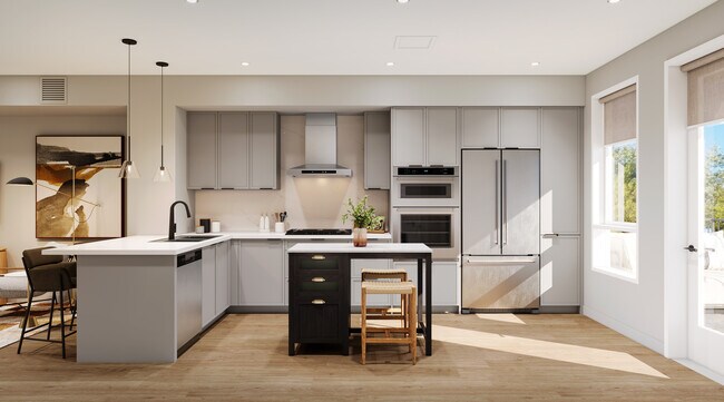 Cocina de la casa adosada de 3 habitaciones Signature Collection I con gabinetes de color gris claro, encimera de cuarzo de mármol y protector contra salpicaduras, electrodomésticos de acero inoxidable renovados y pisos de tablones de vinilo de superficie dura en toda la casa (representación) - Avalon Pleasanton