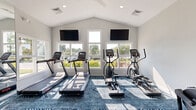 Located in Sterling, Virginia, this well-appointed fitness center at 1212 Chase Heritage Circle offers a comprehensive workout environment designed to support a wide range of exercise routines. The single-floor facility is characterized by soaring vaulted ceilings that lend the space an open, airy feel, while large windows along the front wall flood the interior with natural light and frame views of the surrounding greenery.

The main workout area is outfitted with multiple treadmills, elliptical trainers, a stationary upright bike, and a rowing machine, providing ample options for cardiovascular training. Dual wall-mounted flat-screen televisions are positioned above the windows, allowing members to stay entertained during workouts. A dedicated strength and functional training zone includes a multi-station cable machine and a fully stocked accessory rack featuring resistance bands, stability balls in multiple sizes, medicine balls, and foam rollers.

Throughout the facility, a bold blue geometric-patterned carpet anchors the space and adds a modern, energetic aesthetic to the crisp white walls. Ceiling fans ensure comfortable air circulation. The layout flows intuitively between cardio and strength zones, making efficient use of the available space. Together, the thoughtful equipment selection, bright atmosphere, and clean design make this fitness center a functional and inviting resource for residents.