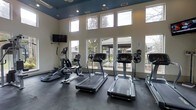 This fitness center is designed to provide a bright and motivating environment for exercise. The space features soaring ceilings accented by a deep navy upper wall and ceiling treatment, creating a bold architectural contrast against the crisp white lower walls. Large, floor-to-ceiling windows line the main wall, flooding the room with natural light and offering clear views of the surrounding landscaped community — giving the space an open, airy feel despite its focused function. The flooring consists of durable dark slate-toned tiles, practical and well-suited for a high-traffic fitness environment. The cardio equipment lineup includes multiple treadmills, an elliptical trainer, a stationary bike, and a stair climber, providing a comprehensive range of aerobic workout options. A wall-mounted flat-screen television is positioned for easy viewing during workouts. Recessed lighting and a ceiling fan complement the natural light, ensuring the space remains well-lit and comfortable throughout the day. The layout is thoughtfully arranged to maximize usable floor space while maintaining clear sightlines to the outdoors, contributing to an uplifting and energizing atmosphere for residents.