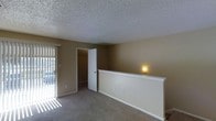 This single-floor space features a straightforward, functional layout with neutral taupe-toned walls and wall-to-wall carpeting that lends a warm, understated feel throughout. The textured popcorn ceiling adds a classic finish overhead. A notable architectural detail is a low half-wall with a white-painted cap, which divides a portion of the room and adds subtle definition to the space. A wall-mounted light fixture provides ambient illumination. Natural light enters generously through a window fitted with vertical blinds on the left side of the room, casting striped light patterns across the carpet. A white interior door leads to an adjoining room or hallway, suggesting additional living areas beyond what is immediately visible. The overall ambiance is modest and move-in ready, suited for practical everyday living.