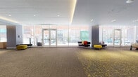 This contemporary amenity floor offers a thoughtfully designed collection of interconnected spaces, each serving a distinct social or recreational purpose. The layout begins with a spacious entry lobby featuring large glass doors, neutral textured carpeting, and recessed ceiling lighting that creates a welcoming, open atmosphere. A broad central corridor connects the various zones, accented by bold yellow ottomans and built-in bench seating that add pops of color against clean white walls.

The lounge areas are generously proportioned, featuring curved sectional sofas, accent chairs in mustard yellow and teal, and statement circular pendant lighting overhead. Floor-to-ceiling windows throughout flood the space with natural light and frame outdoor views of the surrounding cityscape and green spaces. A dedicated fireplace lounge showcases a sleek linear gas fireplace set against a dark accent wall, surrounded by teal sofas for a relaxed gathering atmosphere.

The game room is a standout feature, equipped with a pool table and foosball table beneath oversized circular pendant lights, with large windows providing an energetic, light-filled environment. Patterned carpeting in blue, grey, and yellow tones transitions between zones, tying the design together cohesively. Additional flexible open areas offer multipurpose event or activity space, completing this vibrant, amenity-rich floor.
