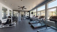 The F.L.E.X. fitness center in Oxford, Mississippi is a thoughtfully designed, single-floor facility built to support a comprehensive workout experience. The space features durable rubber flooring throughout, providing both safety and functionality for a wide range of exercises. Large floor-to-ceiling windows line one wall, flooding the gym with abundant natural light and offering views of the outdoor pool and surrounding grounds, creating an open and energizing atmosphere.

The cardio zone is well-stocked with a row of Star Trac treadmills and stationary bikes, each positioned to take advantage of the scenic outdoor views. Mounted flat-screen televisions provide additional entertainment during workouts. Ceiling fans and recessed lighting enhance comfort throughout the space.

The strength training area is equally impressive, featuring multiple cable and resistance machines, adjustable benches, and a full dumbbell rack. Oversized framed mirrors are strategically placed along the walls to allow users to monitor their form. Stability balls and additional free-weight accessories round out the functional training offerings.

The gym maintains a clean, modern aesthetic with cool gray walls and white trim, contributing to a focused and professional environment. The layout is spacious and open, allowing for fluid movement between equipment zones. The F.L.E.X. fitness center delivers a complete and well-appointed exercise facility suited for a variety of fitness levels and training goals.