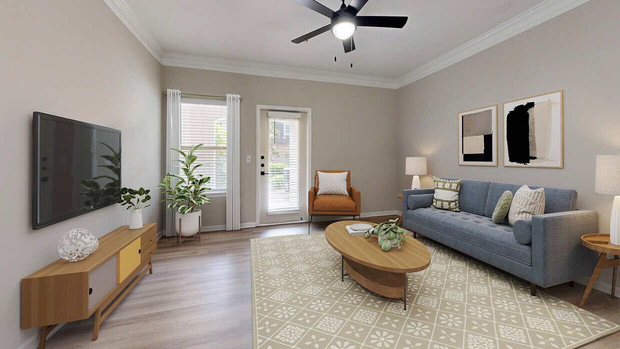 Amplia sala de estar con pisos estilo madera y patio. - Waterstone at Big Creek Apartments
