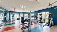 Located in Naples, FL, this well-equipped fitness center offers a comprehensive workout environment designed to support a wide range of exercise routines. The space is defined by its bold teal accent walls, which create an energizing atmosphere, complemented by a colorful striped floor in teal, red, and natural wood tones that adds a dynamic visual element throughout.

Natural light pours in through large windows on multiple walls, offering pleasant views of the surrounding outdoor greenery and community grounds. Ceiling fans are distributed evenly across the space, ensuring comfortable airflow during workouts. Full-length mirrors are strategically positioned to expand the sense of space and allow users to monitor their form.

The cardio section is well-stocked with multiple treadmills, elliptical trainers, and stationary bikes, including Matrix-brand machines with integrated digital displays. The strength training area features a multi-functional cable machine system, a selection of weight benches, and a full rack of dumbbells spanning a wide weight range. Additional resistance and functional training equipment further rounds out the offerings.

Glass-panel entry doors connect the fitness center directly to the outdoor areas, enhancing the sense of openness. The single-floor layout ensures easy accessibility, making this fitness facility a practical and visually appealing space for daily exercise.