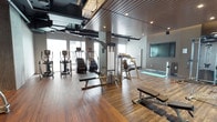 This contemporary fitness center is thoughtfully designed to support a wide range of workout routines. The space features rich hardwood-style flooring throughout, complemented by a striking slatted wood ceiling with recessed lighting and exposed industrial ductwork that adds a modern edge to the overall aesthetic. Large windows along one wall flood the main exercise area with abundant natural light, creating an energizing environment.

The cardio zone is well-stocked with multiple treadmills, elliptical machines, and stair climbers, all positioned to take advantage of the natural light. Strength training is equally comprehensive, with a Life Fitness cable crossover machine, a functional trainer, various selectorized weight machines, and a dedicated free weight area featuring a full rack of dumbbells. Adjustable benches are distributed throughout the floor for versatile use.

A glass-enclosed private studio room offers a dedicated space for focused training, stretching, or personal sessions, equipped with its own monitor. Battle ropes and yoga mats are also available, supporting functional and flexibility-based training. Full-length mirrors are strategically placed to assist with form. The overall design balances industrial character with a clean, upscale finish, delivering a professional-grade workout facility.
