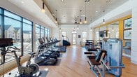 This single-story fitness facility is thoughtfully designed to support a comprehensive workout experience. The main exercise area is generously proportioned, featuring warm hardwood-style flooring, shiplap-accented walls, and elevated ceilings with a coffered detail. Pendant lighting and ceiling fans hang throughout, contributing to an airy, modern-farmhouse aesthetic. Large floor-to-ceiling windows and glass doors line the perimeter, flooding the space with abundant natural light and offering views of the surrounding outdoor area.

The cardio zone is outfitted with a full row of True-brand treadmills, ellipticals, and stationary bikes, all equipped with individual digital displays. A stair climber and additional strength machines, including cable and weight systems, occupy the central and far sections of the room. A dedicated free-weight area features a multi-tier dumbbell rack positioned beside a large gold-framed mirror, enhancing both function and visual depth.

A separate studio room provides an open, light-filled space for yoga, barre, or group fitness. It features the same hardwood flooring, floor-to-ceiling mirrors along one wall with a mounted ballet barre, and multiple windows overlooking a green outdoor landscape.