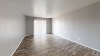 Located at 9624 Rolling Rock Ln in Dallas, TX, this single-story, one-bedroom, one-bathroom unit offers a practical and well-organized layout. Wood-look plank flooring runs throughout, providing a cohesive and easy-to-maintain finish across all rooms.

The combined living and dining area is the heart of the unit, offering generous open space bathed in natural light through a large sliding glass door fitted with vertical blinds that leads to a private patio. The neutral gray walls and clean white trim create a bright, understated aesthetic throughout.

The galley-style kitchen features white cabinetry, laminate countertops, a double-basin sink, and white appliances including an electric range, refrigerator, and dishwasher. A dedicated pantry provides additional storage. A hallway connects the main living areas to the private spaces.

The bedroom is comfortably sized, with a window allowing natural light and access to two closets, offering ample storage. The full bathroom includes a tub/shower combination with white tile surround, a vanity with laminate countertop, and wood-look flooring consistent with the rest of the unit.

Overall, this unit presents a clean, functional design with consistent finishes and a straightforward floor plan suited for everyday living.