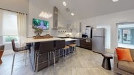 This thoughtfully designed single-floor space offers a seamless blend of functionality and contemporary style. The open-concept layout connects multiple lounge and gathering areas, creating a fluid and welcoming environment throughout. Vaulted ceilings rise dramatically overhead, enhancing the sense of openness and volume across the main living areas.

The fully equipped kitchen is a standout feature, showcasing two-tone cabinetry with dark lower and light upper cabinets, a stainless steel range hood, white quartz countertops, a large central island with bar seating, and a wall-mounted television. Light wood-look tile flooring runs throughout, lending a warm yet modern aesthetic.

The main lounge area features comfortable sectional seating accented with bold orange throw pillows, open shelving with curated décor, and direct visual connection to adjacent gathering spaces. A folding glass partition wall allows for flexible room configurations, enabling the space to expand or be divided as needed.

Near the entrance, a bright reading nook with floor-to-ceiling windows offers panoramic views of the surrounding neighborhood and fills the space with abundant natural light. Pendant lighting, recessed fixtures, and thoughtful accessory details complete the refined, contemporary ambiance throughout this versatile and inviting space.