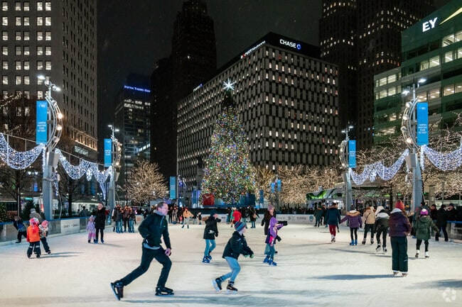 In winter, Campus Martius transforms into an ice rink in Downtown Detroit.