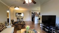This single-floor residence showcases an open-concept layout that seamlessly connects the living, dining, and kitchen areas, creating a cohesive and functional flow throughout the space. Rich hardwood flooring extends across the entire main area, lending warmth and a polished aesthetic.

The living area is anchored by a glass-top coffee table paired with a classic leather lounge chair and ottoman, set atop a multicolored area rug. A large flat-screen television is positioned on a sleek media stand, while a stylish arc floor lamp adds ambient lighting. A ceiling fan overhead provides both function and a decorative element.

The dining area features a tall bistro-style table with bar-height chairs, complemented by a decorative framed mirror that enhances the sense of depth in the room. A pendant light hangs above, adding a refined touch.

The kitchen is defined by dark espresso cabinetry, black appliances including a refrigerator and microwave, and a raised breakfast bar with bar seating. A pendant light illuminates the workspace, creating an inviting area for casual dining. Crown molding throughout adds an elevated architectural detail to the overall design.