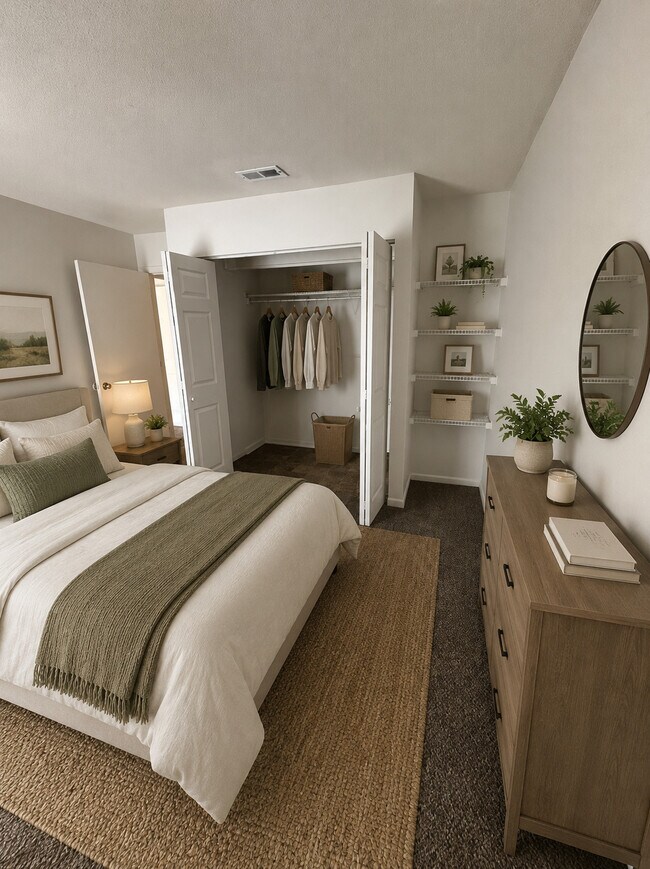 Dormitorio amueblado con aire acondicionado - Castlewood Apartments