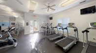 This fitness center is organized across a single floor and divided into distinct functional zones, offering a comprehensive workout environment. The main cardio area is generously sized, accommodating multiple treadmills and elliptical trainers arranged along windowed walls that bring in natural light. Ceiling fans provide ventilation overhead, and wall-mounted televisions offer entertainment during workouts. The flooring throughout is durable rubber, well-suited for high-traffic exercise use.

A central strength training zone houses a multi-station cable machine, a rack of dumbbells arranged on tiered shelving, and additional weight equipment. Large mirrors line portions of the walls, enhancing the sense of space and allowing users to monitor their form. A boldly painted blue accent wall adds a visual anchor to this area.

An adjoining functional training room features a lighter, calming aesthetic with a two-tone white and blue color scheme and crown molding detailing. This room is stocked with stability balls of various sizes, a medicine ball rack, resistance accessories, and a leg press machine. Wall-mounted exercise charts provide instructional guidance. A large mirror further opens up the room visually. French doors and additional entry points connect the space to the exterior, contributing to an open, accessible feel throughout the facility.