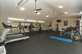 This dedicated fitness space is thoughtfully designed to support a comprehensive workout routine. The room features vaulted ceilings that create an open, airy atmosphere, enhanced by a ceiling fan and multiple flush-mount light fixtures providing consistent overhead illumination. A full-length wall mirror runs along one side of the room, visually expanding the space and allowing users to monitor their form during exercise.

The facility is equipped with a diverse selection of cardio machines, including treadmills, elliptical trainers, and a stationary bike, each positioned on individual rubber mats atop the dark rubber flooring that covers the entire room. A dumbbell rack stocked with a range of free weights, a weight bench, kettlebells, and yoga mats accommodate strength training and flexibility work. A wall-mounted flat-screen television adds entertainment convenience during workouts.

A full-width glass panel garage door on one wall opens to an outdoor area, flooding the space with natural light and providing views of the surrounding exterior. Additional clerestory windows along the upper walls further brighten the interior. A wall-mounted HVAC unit ensures climate control year-round, making this fitness space functional and comfortable in all seasons.