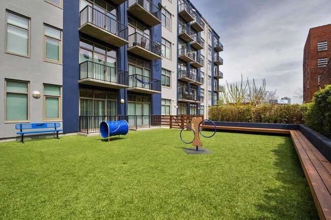 On-site dog park with agility features and seating - Piedmont Pad Apartments