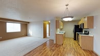 This single-floor space showcases an open-concept layout that seamlessly connects the living area and kitchen into one cohesive environment. The flooring transitions from warm, light-toned hardwood in the kitchen and entryway zones to plush carpeting in the living area, creating a natural visual distinction between the two functional spaces.

The kitchen is equipped with light wood cabinetry that extends to the upper and lower sections, providing ample storage. A single-basin sink is positioned along the countertop, and black appliances — including a refrigerator and range — add contrast against the lighter cabinetry and walls. A pendant light fixture hangs above, offering focused illumination over the kitchen area.

The living space is open and airy, with neutral beige walls and a textured ceiling finish. A floor vent is visible along the baseboard, and natural light filters through the windows, brightening the room. A hallway visible in the background leads to additional rooms, suggesting further private spaces beyond the main open area. Overall, the layout offers a functional and straightforward design with a clean, neutral aesthetic.