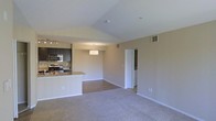 This single-floor space is defined by an open-concept layout that seamlessly connects the kitchen and living areas. The vaulted ceiling is a standout architectural feature, adding a sense of height and airiness throughout the main living space. A decorative pendant light fixture hangs centrally, complementing the overall design.

The kitchen is outfitted with dark espresso-toned cabinetry, granite countertops, and stainless steel appliances, including a microwave and a range. A peninsula counter extends into the space, offering additional workspace and a natural visual divider between the kitchen and living area. Track lighting above the kitchen provides focused task illumination.

The living area transitions from hardwood-style flooring near the kitchen to plush carpeting, creating a warm and comfortable atmosphere. Neutral-toned walls throughout lend a clean, versatile backdrop. A doorway visible in the background suggests access to additional rooms, such as a bedroom or bathroom. The overall ambiance is bright, open, and well-suited for everyday living.