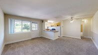 Located at 4209 58th Ave in Bladensburg, MD, this one-bedroom, one-bathroom residence offers a practical and comfortable single-floor layout. The combined living and dining area is bright and open, featuring neutral-toned carpeting, a ceiling fan, and large windows that admit generous natural light and views of the surrounding greenery. A door off the living area provides direct access to the private balcony. The kitchen is efficiently designed with an open peninsula that connects it to the living space, light wood cabinetry, dark-edged countertops, built-in open shelving, a gas range, and a window above the sink overlooking outdoor scenery. The tile flooring in the kitchen provides a clean contrast to the carpeted living areas. The spacious bedroom is a standout feature, offering ample room, wall-to-wall carpet, a bright window with outdoor views, and two dedicated closets with built-in shelving for generous storage. The bathroom includes a full tub-shower combination with floor-to-ceiling stone-patterned tile surround. A hallway connects the primary spaces, and the entry foyer provides a welcoming transition into the home. The unit's neutral palette and consistent finishes create a cohesive, move-in-ready atmosphere throughout.