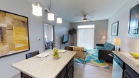 The Flats At 345 presents a thoughtfully designed single-floor residence that seamlessly blends style and functionality. The open-concept layout connects the kitchen and living areas, creating a spacious and inviting atmosphere. The kitchen features dark cabinetry paired with a granite-style countertop island, ideal for casual dining or entertaining, and is illuminated by a sleek, modern pendant light fixture that adds a contemporary touch. Durable light wood-style flooring flows throughout the main living area, complementing the neutral gray walls that provide a clean, modern backdrop. The living room is well-appointed with a ceiling fan, ensuring comfort year-round, and benefits from generous natural light streaming through a large window fitted with vertical blinds. A sliding door offers additional access to the outdoors, further enhancing the sense of openness. The bedroom, visible through an open doorway, continues the cohesive design aesthetic of the unit. The overall ambiance is modern and welcoming, with a well-balanced combination of neutral tones and accent colors that make the space feel both functional and stylish.