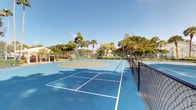 This outdoor recreational space centers on a spacious, hard-surface tennis court finished in a vivid blue with crisp white line markings. The court also features a basketball court overlay, indicated by the painted circle and key at center, making the space versatile for multiple sports. The playing surface appears well-maintained and is enclosed by a sturdy chain-link fence along the perimeter, providing clear boundaries and safety for players.

The surrounding landscape contributes significantly to the overall ambiance of the space. Mature palm trees and lush tropical greenery frame the court on all sides, lending a distinctly warm-climate character to the setting. Residential structures are visible in the background, suggesting this court serves as a shared community amenity. Overhead lighting fixtures are mounted on poles adjacent to the court, indicating the space is suitable for use during evening hours as well.

The open sky above allows for abundant natural light throughout the day, and the overall condition and layout of the facility reflect a well-kept community recreational area designed to accommodate a range of active outdoor pursuits in a pleasant, park-like environment.