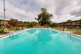Located at 1049 Brentwood Dr in Daytona Beach, Florida, this outdoor communal space centers around a generously sized swimming pool with clear turquoise water, lane dividers, and a surrounding concrete deck equipped with blue lounge chairs for relaxing in the Florida sun. A life ring is mounted nearby for safety. The pool area is enclosed by a chain-link fence with gated access points, ensuring a secure environment. Curving concrete pathways wind through the well-maintained grounds, which are landscaped with lush green lawns, flowering shrubs, and a mix of mature shade trees and tall Florida palms that provide a tropical, park-like atmosphere. The surrounding two-story residential building features a classic mid-century architectural style, with colorful accent trim, exterior stairways, and covered walkways running along both levels. The grounds offer open green space between the building wings, creating a sense of openness and community. The overall setting reflects a relaxed Florida residential community with practical amenities and comfortable outdoor living spaces designed for year-round enjoyment in the warm Daytona Beach climate.