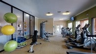 This fitness center offers a comprehensive workout environment designed to accommodate a wide range of exercise routines. The space is finished with neutral, light-toned walls accented by a bold green feature wall, crown molding, and carpeted flooring throughout, creating a clean and motivating atmosphere. Overhead flush-mount lighting ensures the area is well-lit, complemented by natural light that filters in through glass-paned double doors at the far end, which also provide a view to the outdoors. A multi-station cable and weight machine serves as a central strength-training fixture, accompanied by an adjustable workout bench and additional resistance equipment. Along one wall, a glass-enclosed storage area houses medicine balls, resistance bands, and exercise mats, making functional fitness accessories easily accessible. The cardio section features an elliptical trainer, a recumbent bike, and a stair climber, all positioned near the exterior doors to take advantage of natural light. A wall-mounted flat-screen television is positioned for easy viewing during workouts. The overall layout is thoughtfully organized to allow users to move freely between equipment, supporting both individual training sessions and varied fitness goals.
