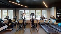 This well-appointed fitness center offers a comprehensive workout environment designed to accommodate a wide range of exercise routines. The space features a dark, dramatic ceiling with exposed ductwork and sleek linear LED lighting that runs the length of the room, creating a modern, energetic atmosphere. Durable carpet flooring covers the main workout area, with additional rubber matting in high-traffic equipment zones.

The strength training section is equipped with a multi-functional cable machine, a power rack, a flat bench, and a full dumbbell rack, all positioned alongside floor-to-ceiling mirrors that enhance the sense of space and allow for form monitoring. A wall-mounted flat-screen TV is prominently displayed above the mirror wall, providing entertainment during workouts.

The cardio zone features a row of Matrix treadmills, elliptical trainers, and additional cardio machines positioned in front of large windows that offer views of an outdoor pool area, allowing natural light to brighten this section of the room. A functional training corner includes kettlebells, medicine balls, and exercise mats. A separate glass-enclosed room is visible, likely serving as a stretching or private training area.
