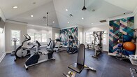 This fitness center offers a comprehensive workout environment spread across a single floor. The space is anchored by a striking vaulted ceiling that lends an open, airy feel, complemented by recessed lighting and pendant ceiling fans that maintain a comfortable atmosphere. Multiple large windows line the walls, flooding the interior with natural light and providing views of the surrounding outdoor area.

The main workout area is thoughtfully equipped with a wide range of cardio machines, including stationary bikes, treadmills, ellipticals, and a rowing machine, providing ample options for aerobic exercise. A multi-station strength training machine, a free-weight rack with dumbbells, a weight bench, and wall-mounted resistance bands and exercise balls round out the strength and functional training offerings. Durable dark rubber flooring covers the exercise area, providing safety and support underfoot.

A bold, colorful geometric accent wall serves as a dynamic focal point, adding energy and visual interest to the space. Full-length mirrors on one wall enhance the sense of depth and allow users to monitor their form. Wall-mounted flat-screen televisions provide entertainment during workouts. An adjacent secondary room, finished with light herringbone-style flooring, offers additional utility space. The overall design balances functionality with a clean, modern aesthetic.
