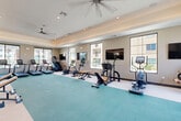 Located at 8165 W Whitney Dr in Peoria, Arizona, this fitness center offers a generously sized, single-floor exercise room designed to support a comprehensive workout experience. The space features a tray ceiling with recessed lighting and ceiling fans, contributing to a clean, modern aesthetic and maintaining comfortable airflow throughout. A teal-toned carpet defines the central open floor area, flanked by hard-surface flooring along the perimeter where equipment is stationed. Large windows line the walls, flooding the room with abundant natural light and providing views of the surrounding community. Multiple flat-screen televisions are mounted at various points along the walls, offering entertainment during workouts. The equipment selection is extensive and well-organized, including multiple treadmills, stair climbers, stationary and spin bikes, rowing machines, and ellipticals for cardio training. Strength training is equally well-represented, with cable machines, a rack system, a full dumbbell set, kettlebells, TRX suspension trainers, and adjustable benches. Full-length mirrors are positioned along one wall to support proper form. The overall ambiance is bright, airy, and functional, making it a fully equipped facility suited for a wide range of fitness routines.
