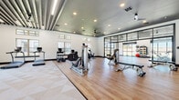 This well-appointed fitness center is organized across a single level and divided into several distinct functional zones, creating a comprehensive workout environment. The space is designed with a contemporary aesthetic, featuring light wood-look flooring throughout most areas, complemented by patterned carpet in dedicated strength training sections.

The cardio zone is lined with large windows that bring in abundant natural light and offer outdoor views, housing a row of treadmills, stair climbers, stationary bikes, and elliptical machines. Adjacent to this area, a free weights section provides a full rack of dumbbells, adjustable benches, and cable machines, all reflected by floor-to-ceiling mirrors that enhance the sense of space.

A dedicated cycling and functional training studio features striking exposed ceiling beams with integrated linear lighting, a mounted display screen, and a large roll-up glass garage door that opens directly to the outdoors, creating a seamless indoor-outdoor experience. This studio also includes medicine ball racks and open floor space for group or individual training.

Ceiling fans and recessed lighting are installed throughout, ensuring comfort and visibility. The overall ambiance is clean, bright, and modern, catering to a wide range of fitness activities.