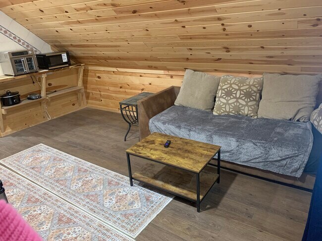 Sofá grande, zona de estar con mesa de centro y TV, zona de cocina pequeña limitada a la izquierda. - 135 Lock Seven Ln