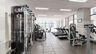 Located at 210 N Wells St in the heart of Chicago's Loop, this well-appointed fitness center spans a generously sized single floor divided into two dedicated exercise rooms. The facility is designed to support a full spectrum of workout routines, from cardiovascular training to strength and functional fitness.

The primary exercise room is flooded with natural light through expansive floor-to-ceiling windows that frame views of the surrounding Chicago skyline. This bright, open space houses a robust lineup of cardio equipment, including multiple treadmills, ellipticals, and stair climbers, all arranged along the windowed perimeter for an energizing workout environment. A dedicated strength training zone features Matrix cable machines, cable crossover stations, plate-loaded equipment, free weights, and adjustable benches, providing a comprehensive selection for resistance training.

The secondary exercise room offers a more intimate setting with a horizontally striped accent wall and rubber flooring, designed for functional and cross-training activities. It is equipped with a rowing machine, spin bike, medicine balls, a punching bag, and a foldable weight bench, making it ideal for high-intensity or circuit-style workouts.

Throughout both rooms, durable rubber tile flooring, recessed panel ceilings with flush LED lighting, and wall-mounted televisions contribute to a clean, modern aesthetic. The facility's thoughtful layout and extensive equipment selection make it a versatile training destination in the heart of Chicago.
