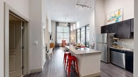 Located in Frisco Square, this thoughtfully designed one-bedroom, one-bathroom residence offers a well-appointed layout across a single floor. The open-concept kitchen and living area serves as the heart of the home, boasting dramatically high ceilings that amplify the sense of space. The kitchen is outfitted with dark cabinetry, stainless steel appliances, a mosaic tile backsplash, and a granite-topped island with bar seating — ideal for both meal prep and casual dining. Pendant lighting and track fixtures add layered illumination throughout.

The living area is defined by striking floor-to-ceiling glass wall panels that invite an abundance of natural light and connect the interior to its surroundings. Wide-plank hardwood-style flooring runs throughout the main living spaces, while a ceiling fan and large windows with draping curtains enhance comfort and style. A built-in desk nook provides a practical workspace.

The bedroom features plush carpeting, generous natural light through large windows, and direct access to the full bathroom. The bathroom offers a granite vanity with dark cabinetry and leads to a spacious walk-in closet equipped with multi-tier wire shelving. The overall design is modern and cohesive, offering both functionality and an elevated living experience.
