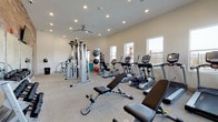This fitness center in Plainfield, Indiana offers a thoughtfully designed, single-floor workout space built to accommodate a wide range of exercise routines. The room features neutral-toned walls and light flooring throughout, creating a clean and energizing environment conducive to focused training.

The cardio section is well-stocked with multiple treadmills by True Fitness, elliptical trainers, and stationary bikes, all positioned along windowed walls that bring in generous natural light and views of the surrounding community. The bright, airy atmosphere is further enhanced by recessed lighting and a ceiling fan that ensures comfortable air circulation during workouts.

On the strength training side, a multi-station cable and weight machine serves as a central fixture, complemented by adjustable Hoist benches and a collection of stability balls and medicine balls for functional fitness. Resistance bands and additional accessories round out the available equipment.

A striking exposed brick accent wall adds an industrial-chic character to the space, anchored by floor-to-ceiling mirrors that visually expand the room and allow for form-checking during exercises. A mounted flat-screen TV is positioned for easy viewing.

An exit door leads directly to an outdoor patio area, seamlessly connecting indoor and outdoor fitness options. With abundant windows on multiple walls, the space remains bright and welcoming throughout the day.