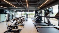 Located at 1500 Sherman Ave in Evanston, IL, this contemporary fitness center offers a thoughtfully designed, single-floor layout that seamlessly blends industrial aesthetics with high-end functionality. The space features an exposed ceiling with dark-painted ductwork and structural elements, complemented by sleek linear LED lighting that creates a modern, energetic atmosphere throughout.

The main workout floor is finished with light hardwood-style flooring and is generously equipped with a full range of cardio machines, including treadmills, stair climbers, and spin bikes. A dedicated strength training zone features power racks, benches, and a well-organized free weights area with kettlebells, dumbbells, and medicine balls. Rubber flooring tiles anchor the functional training section, which includes a heavy bag, battle ropes, and additional accessories.

A separate, open studio space provides a mirror-lined wall, a wall-mounted display screen, and light wood flooring—ideal for group classes, yoga, or stretching. Floor-to-ceiling glass walls and expansive window systems run along multiple sides of the facility, flooding the space with natural light and offering direct views of the surrounding Evanston streetscape and outdoor greenery. Warm wood accent columns and panels provide visual contrast against the industrial ceiling, contributing to an inviting yet performance-focused environment.