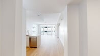 Located on the fifth floor at 1 Lyon Place in White Plains, NY, this contemporary one-bedroom, one-bathroom residence offers a thoughtfully designed open-concept layout with a clean, modern aesthetic throughout. Light-toned hardwood floors extend across the entire living space, complementing the crisp white walls and creating a bright, airy atmosphere.

The kitchen is a standout feature, showcasing a large waterfall-edge island with an undermount sink, light wood cabinetry with marble-style tile backsplash, and a full suite of stainless steel appliances including a refrigerator, range, built-in microwave, and dishwasher. The kitchen flows seamlessly into the open living area, which is bathed in natural light from floor-to-ceiling glass doors that lead to a private balcony overlooking the surrounding White Plains cityscape.

The spacious bedroom features its own wall-mounted split AC unit, large windows with roller shades, and access to the balcony, filling the room with abundant natural light. The bathroom is elegantly appointed with dramatic large-format marble-patterned tile surrounding the soaking tub and shower, a warm wood vanity with a mirrored medicine cabinet, and a clean white floor. A hallway connects all rooms, completing this well-appointed urban residence.
