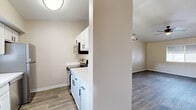 Located at 8429 N 27th Ave in Phoenix, Arizona, this 2-bedroom, 2-bathroom single-floor residence offers a well-organized layout with modern finishes throughout. Wood-look plank flooring runs seamlessly across the living areas and bedrooms, providing a cohesive and contemporary aesthetic. The open living area is highlighted by vaulted ceilings, a ceiling fan with light fixture, and a window that brings in natural light and outdoor views of the surrounding greenery. A modern geometric pendant light adds a stylish focal point above. The kitchen is efficiently designed and equipped with stainless steel appliances, including an electric range with overhead microwave and a full-size refrigerator, complemented by white cabinetry and a clean countertop. A convenient in-unit stacked washer and dryer is tucked neatly within the main living space. Both bedrooms feature vaulted ceilings, ceiling fans, sliding-door closets, and windows with views of the outdoors. The two bathrooms are finished with white vanities, marble-style tile surrounds, and wood-look flooring — one offering a tub/shower combo and the other a standalone sliding-glass shower enclosure. A connecting hallway ties the layout together for easy navigation throughout the home.