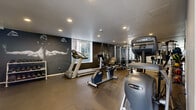 Located at 401 S La Fayette Park Place in Los Angeles, CA, this fitness center offers a compact yet thoroughly equipped workout facility across a single floor. The gym is designed with functionality and motivation in mind, featuring a dark, moody aesthetic anchored by dramatic black-and-white athletic murals that cover accent walls throughout the space. These bold graphic elements lend the room an energetic, performance-focused atmosphere.

The facility is outfitted with a comprehensive range of equipment to support both cardio and strength training. Cardio machines include treadmills, a stationary bike, and Cybex Arc Trainers, while the strength training area features a multi-function cable and weight machine, a squat/power rack with a flat bench, plate-loaded free weights, and a tiered dumbbell rack. A wall-mounted flat-screen television provides entertainment during workouts.

Full-length mirrors line one wall, visually expanding the space and allowing users to monitor their form. Recessed ceiling lighting provides even illumination throughout, complemented by natural light from street-facing windows. The durable rubber flooring is well-suited for heavy equipment use. Restroom access is available on-site, and a glass-paneled entry connects the gym to an adjacent common area, contributing to an open, accessible feel.