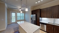 Located at 14940 Mueschke Rd in Cypress, TX, this single-story residence offers a well-appointed interior with a thoughtfully designed open-concept layout. The kitchen serves as the centerpiece of the space, showcasing rich dark-wood cabinetry extending to the ceiling for ample storage, granite countertops, and a full suite of stainless steel appliances including a French door refrigerator, built-in microwave, range, and dishwasher. A large central island with matching granite provides additional workspace and anchors the kitchen. A white subway tile backsplash adds a clean, contemporary contrast to the dark cabinetry, while track lighting and pendant lights overhead ensure excellent illumination. Light hardwood flooring runs throughout the kitchen, transitioning to plush carpeting in the adjoining living area, which is brightened by large windows overlooking the outdoors. Crown molding and ceiling fans contribute to a polished, finished aesthetic throughout. A bedroom features carpeted flooring, a ceiling fan, and a natural-light-filled window with views of the surrounding greenery. The bathroom includes a spacious walk-in shower enclosed by frameless glass doors, finished with large-format gray tile and equipped with a built-in bench and chrome fixtures, reflecting a clean, modern design sensibility.